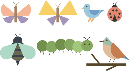 Cute green caterpillar crawling with geometric butterfly ladybug and blue bird flat design vector illustration © Orca GMG