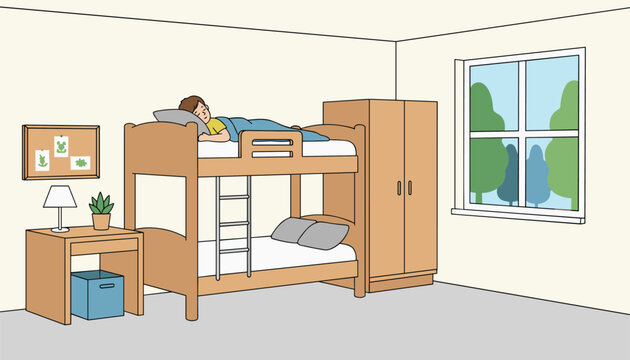 Young child sleeping peacefully on the top bunk of a wooden bunk bed in a comfortable bedroom with a bedside table and window.