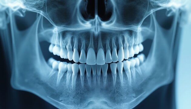 Panoramic dental x-ray shows upper and lower teeth jawbone and surrounding bone structure. This medical scan reveals dental anatomy for diagnosis and treatment planning.