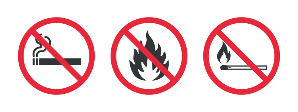 Prohibition Signs With Smoking And Flame Symbols Vector Illustration