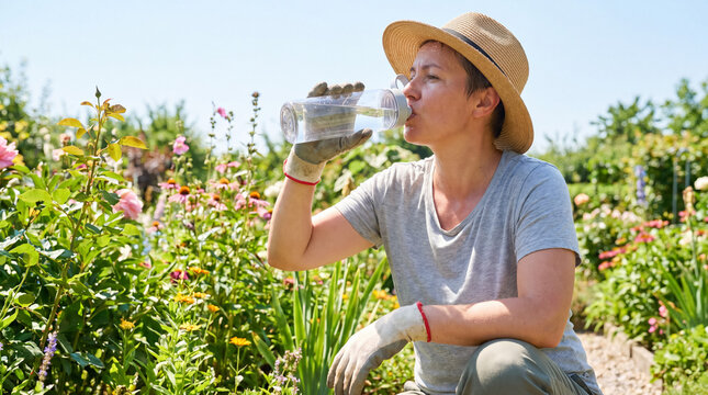 Woman in straw hat and gloves pausing from gardening to drink water, preventing dehydration in warm weather