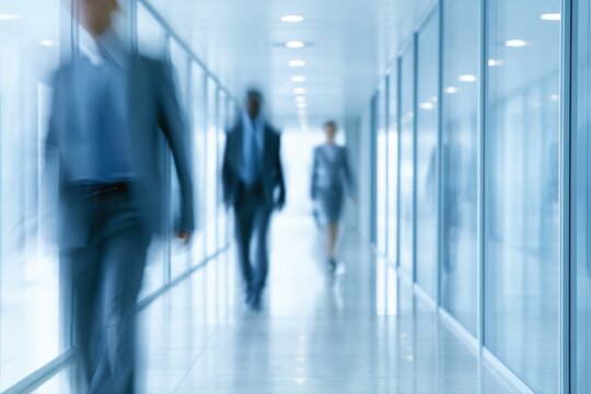 Modern glass office corridor blurred professionals walking corporate life