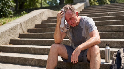 Fototapeta premium Tired man resting on outdoor stairs after intense workout, wiping sweat, experiencing heat and exhaustion in summer