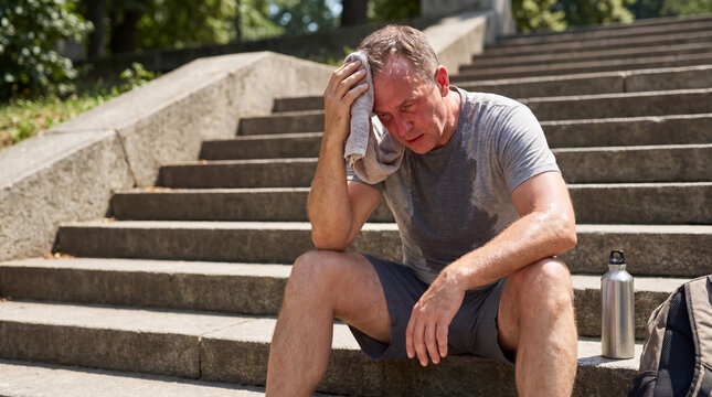 Tired man resting on outdoor stairs after intense workout, wiping sweat, experiencing heat and exhaustion in summer