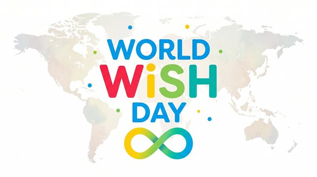 World wish day colorful logo with rainbow infinity symbol on map background