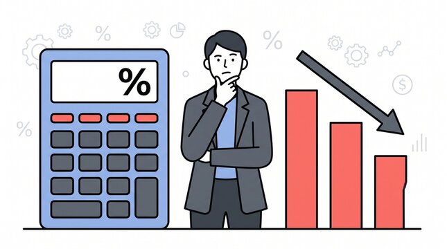 Businessman standing next to calculator and declining graph