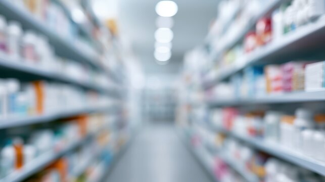 blurred pharmacy interior shelves, medicine storage background, soft focus