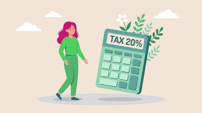 Woman walking next to large green calculator with tax 20 percent display
