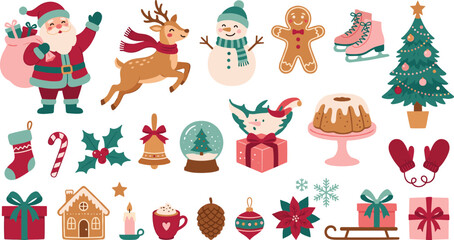 Cute Christmas sticker vector set featuring colorful retro holiday illustrations collection with Santa Claus reindeer snowman gingerbread tree and winter elements isolated on white background © MdRezaul