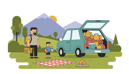 Obraz premium Father and child preparing for a family camping trip with a car packed with luggage and camping gear in a scenic nature landscape area.