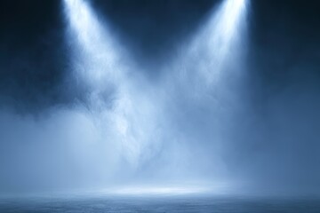 Naklejka premium White smoke and spotlight beams crossing through fog, gothic cinematic stage atmosphere