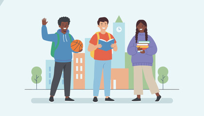 Fototapeta premium Diverse group of three students standing in front of city buildings, holding books and a basketball as they head to school.