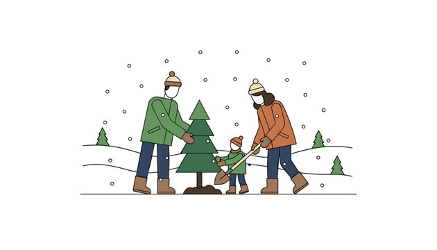 Happy family with a child planting a Christmas tree together in a snowy winter landscape during a holiday season snowfall day.