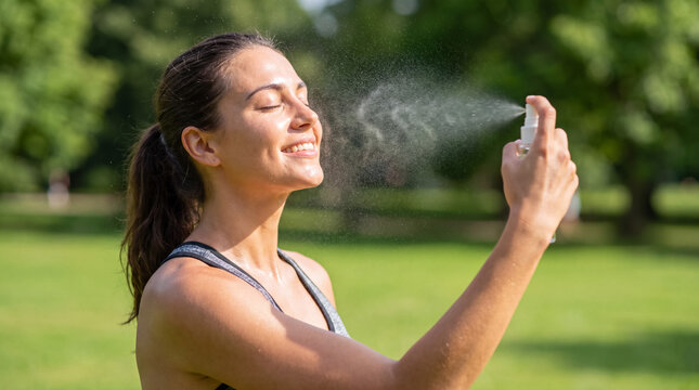 Woman spraying face with thermal water mist for refreshing skin after workout in park on a summer day
