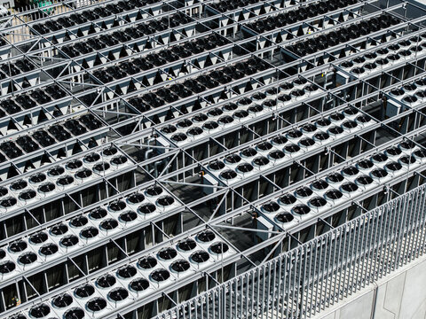 Aerial view of the cooling fan array on the roof of the EU North Riga Data Center in Riga, Latvia.