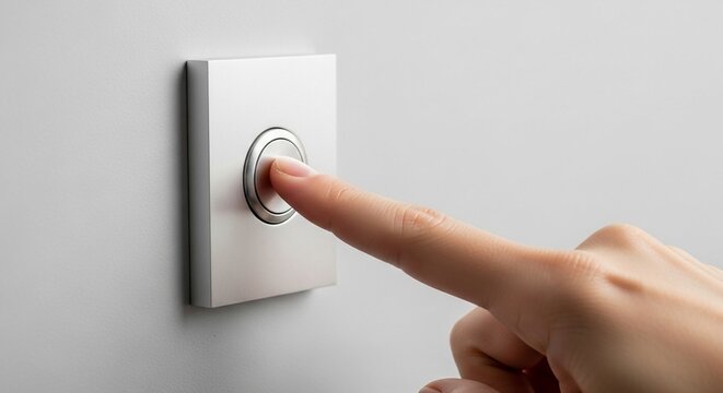 A finger pressing a silver modern intercom button on a wall