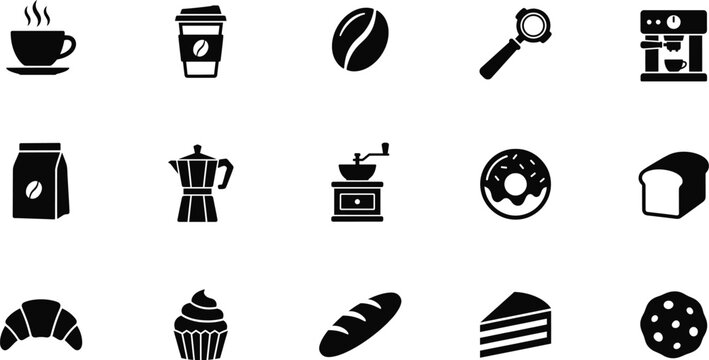Minimalist coffee shop and bakery solid glyph icons, flat black vector shapes
