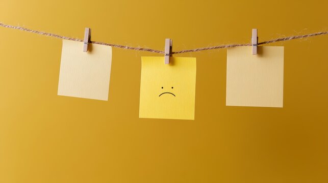 hanging paper notes with sad faces, mental health emotional expression theme