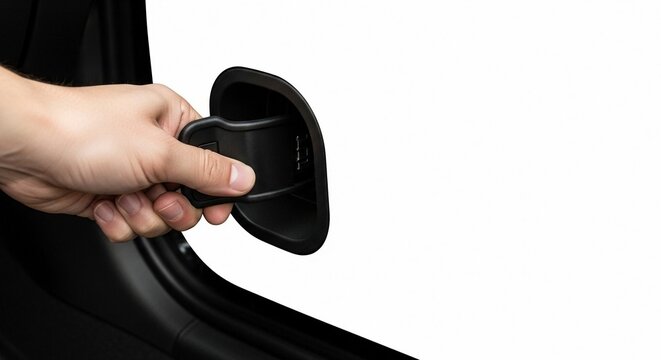 Human hand pulling a black fuel door lever to open a vehicle's gas tank access.
