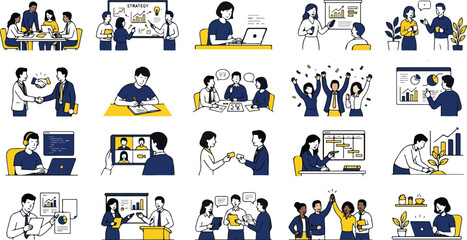 Fototapeta premium Business people workflow and corporate collaboration team working characters vector set
