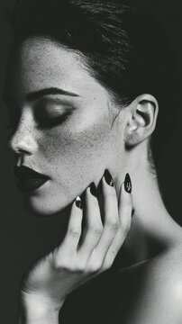 High-contrast fashion portrait of a woman's profile, emphasizing the dark, sleek hair, dark lipstick, and detailed stiletto nails (specific black and white design), on a dark studio backdrop