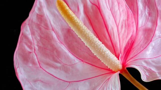 A close-up view of an anthurium flower with a pink petal and yellow spadix against a black background