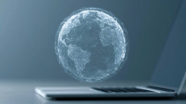 digital earth hologram above laptop, global technology connectivity