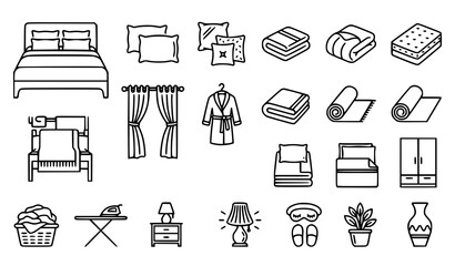 Fototapeta premium Bedroom Textile and Bedding Line Icons Vector Collection Editable Stroke
