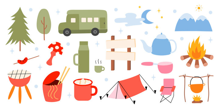 Camping Adventure Icon Set in Flat Cartoon Style. Camper van, tent, campfire, barbecue, kettle, thermos, mug, forest trees, mountains, camping gear and outdoor essentials