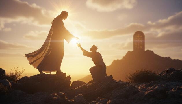 Silhouette of a divine creator extending a hand to uplift a kneeling repenting man on rocky ground with a glowing altar in the background during a golden sunset