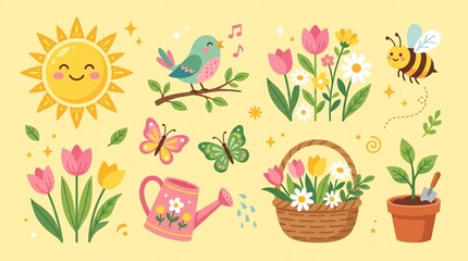 Obraz premium Springtime illustration with a happy sun, singing bird, butterflies, flowers, watering can, and bee