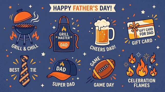 Happy Fathers Day illustration with grilling, beer, gift card, tie, cap, football and celebration flames
