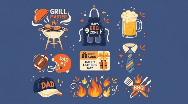 Fathers Day Celebration Elements Including Grill, Beer, Football, Gift Card, Tie and BBQ
