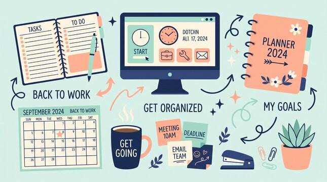 Organized workspace illustration with planner, calendar, computer, and to do list