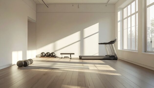 Bright, modern home gym with treadmill, weights, bench, large windows, and natural light