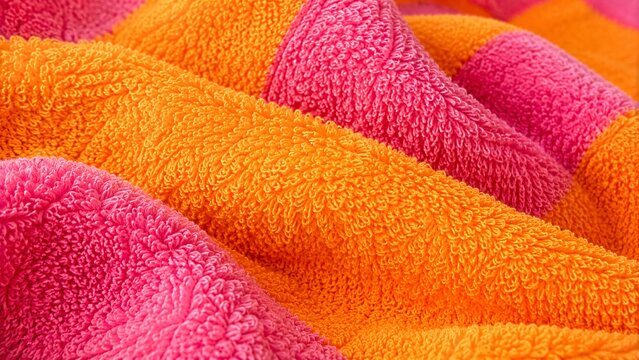 Extreme macro texture close-up of a thick fluffy terrycloth beach towel with vibrant orange and pink stripes