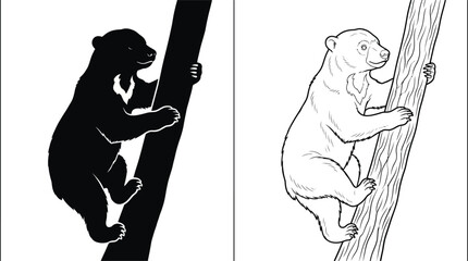 Bear Cub Climbing a Tree with Black Silhouette and Outline Sketch Styles Depicted in an Illustration © MD