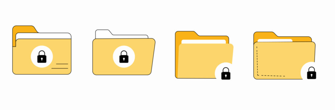 Secure file folder icon set. locked directory symbols, encrypted private documents. Vector illustration
