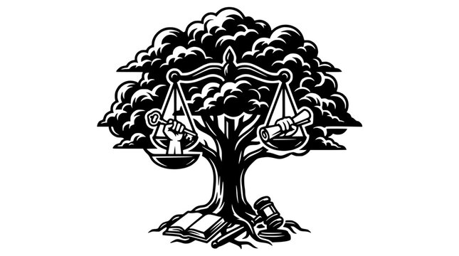 Justice Tree: Scales of Law, Key, Scroll, Gavel, Book, Symbolizing Legal Rights and Knowledge