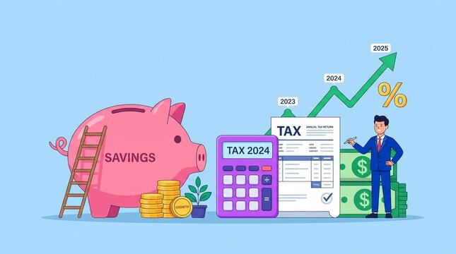 A cartoon illustration of a man with a piggy bank and tax forms showing savings growth