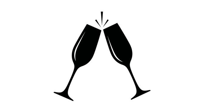 Black silhouette of two champagne flutes clinking in a toast