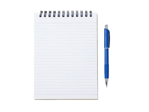 Spiral bound notebook with blue ballpoint pen isolated on transparent background for office supply concepts