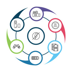 outline electronic stuff fill icons set - old video camera, pen drive, minute countdown, charging battery. editable vector for web and mobile ui © IconArt