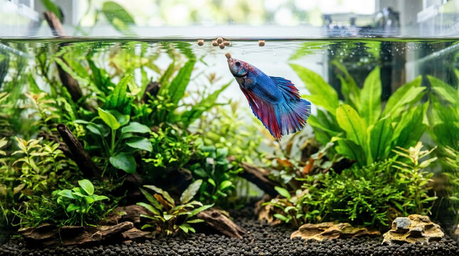 Colorful betta fish swimming to eat floating pellets in a lush aquarium with aquatic plants. Betta fish is gracefully moving towards floating food while surrounded by vibrant greenery.