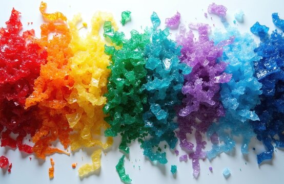 Brightly colored plastic pieces arranged in rainbow order. Small shreds form distinct piles of red, orange, yellow, green, blue, purple materials. Visual representation of sorted waste for recycling.