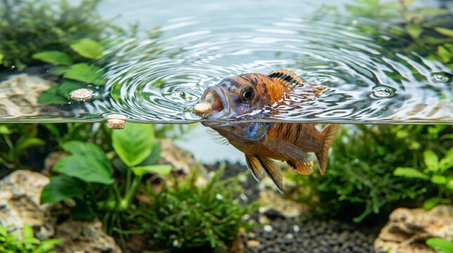 Colorful fish eating floating pellets in aquarium surrounded by greenery and rocks. This vibrant fish interacts with floating food in a serene tank, showcasing a lively aquarium ecosystem.