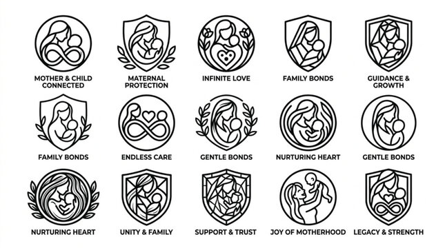Minimal motherhood badge vector set with modern linear family and love emblems