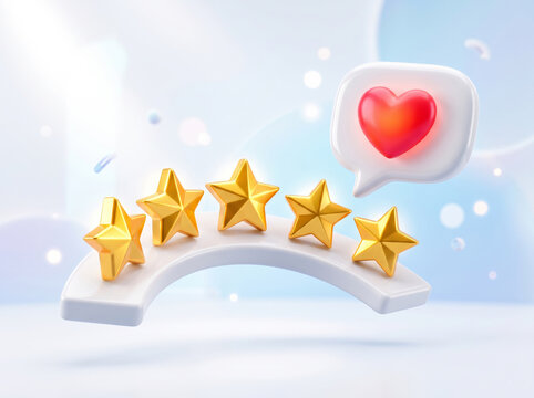 3D Customer Review Icon with Five Golden Stars and Heart 8K