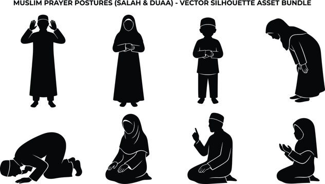 Set of black silhouettes representing Muslim prayer postures, salah, and duaa on a white background