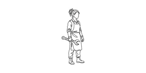 Obraz premium Sketch illustration of a young female mechanic holding a large wrench.